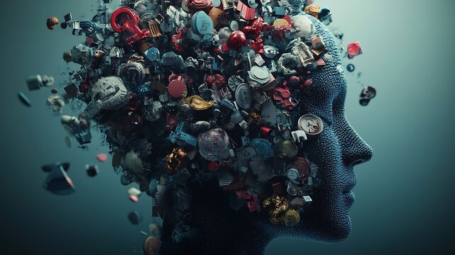 Abstract digital human head with exploding objects