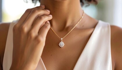 Woman wearing diamond pendant necklace