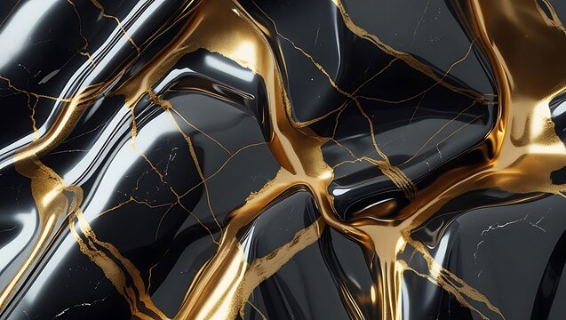 Abstract black and gold liquid flowing over jagged surfaces
