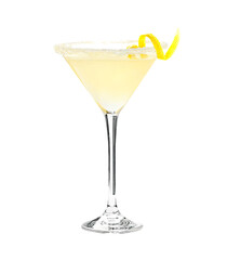 Lemon drop Martini cocktail with lemon spiral garnish transparent PNG isolated background. Mixology, bar menu, colorful vibrant refreshing drink in martini glass