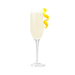 French 75 cocktail with lemon spiral garnish transparent PNG isolated background. Mixology, bar menu, colorful vibrant refreshing drink in flute glass