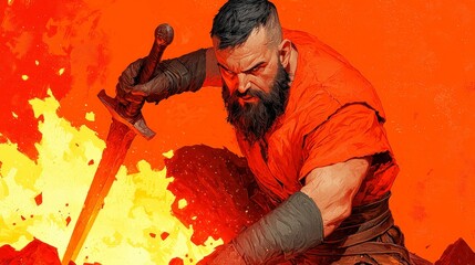 Intense Blacksmith Crafting Legendary Sword in Fiery Fantasy Setting with Vibrant Colors and Dynamic Pose