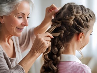 Fototapeta premium Loving grandmother skillfully braids her granddaughter s long hair creating a beautiful intricate hairstyle together