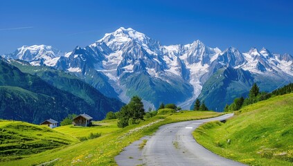 Mountain road, alpine valley, summer scenic view, chalet, travel