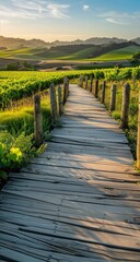 Fototapeta premium Sunset Vineyard Wooden Path Rural landscape walk, golden hour light, rolling hills background, travel brochure
