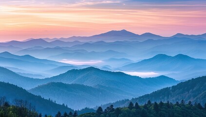 Sunrise over misty mountain ranges, scenic vista, peaceful landscape, nature background, travel poster