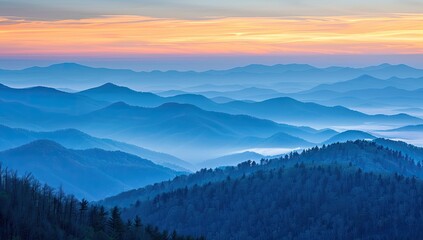 Sunrise over misty blue ridge mountains, scenic vista, nature, travel poster