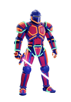 A full body view of blue, red and orange futuristic armor suit with a light saber with a black background with transparent background. Suit is blocky and has some green glowing details.
