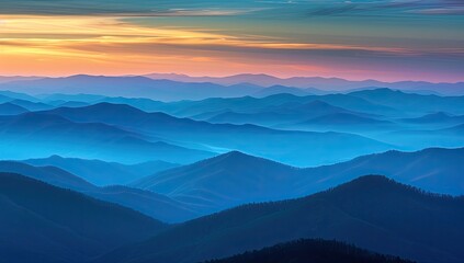 Obraz premium Majestic sunset over layered blue mountains, scenic vista, tranquil landscape, peaceful atmosphere, nature photography