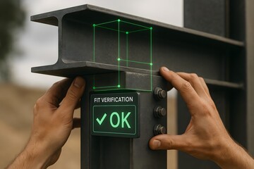 Steel beam with digital overlay indicating a successful fit. 