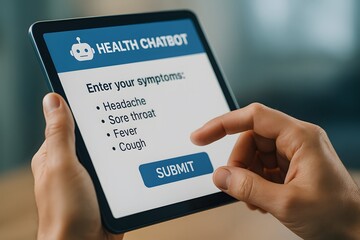 An person using a tablet to interact with a health chatbot to enter his or her symptom.