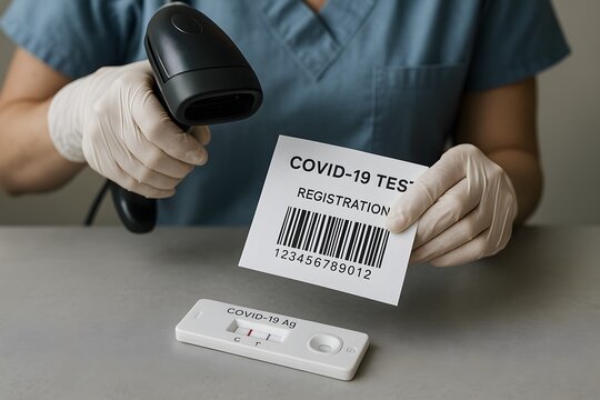 A healthcare professional scanning a COVID-19 test registration card.  - Powered by Adobe