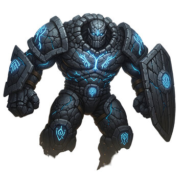 Imposing stone golem with intricate cracks emitting blue light, armored and wielding a shield, floating against a transparent backdrop, fantasy concept, detailed texture.