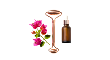 Displayed Facial Roller and Serum Bottle with Bougainvillea on Transparent Background Studio Shot