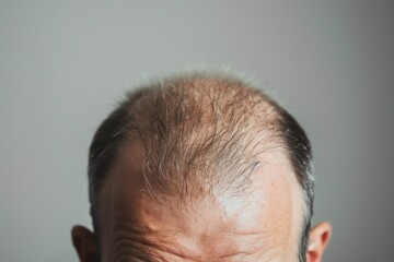 Obraz premium Faceless male head showing receding hairline, clean background, hair loss concept for men, balding issue visual.