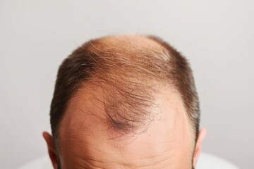 Fototapeta premium Faceless male head showing receding hairline, clean background, hair loss concept for men, balding issue visual.