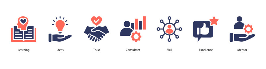 Learning Path web banner icon vector illustration featuring Learning, Ideas, Trust, Consultant, Skill, Excellence, and Mentor.