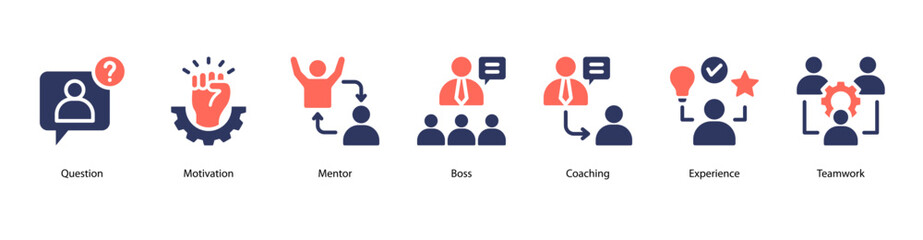 Obraz premium Coaching Drive web banner icon vector illustration featuring Question, Motivation, Mentor, Boss, Coaching, Experience, and Teamwork.