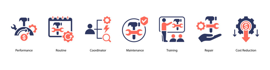 Performance Plan web banner icon vector illustration featuring Performance, Routine, Coordinator, Maintenance, Training, Repair, and Cost Reduction.