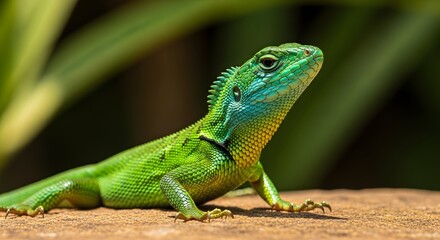 Fototapeta premium Vibrant Green Lizard basking in natural light, showcasing its striking colors and textured skin in a lush outdoor environment, a symbol of tropical wildlife and adaptability.