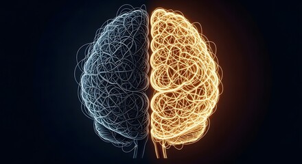 Dual Brain Hemispheres Glowing with Contrasting Light Representing Logic and Creativity