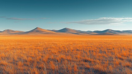 Fototapeta premium Vast, golden grassland stretches to distant mountains under a vibrant sky