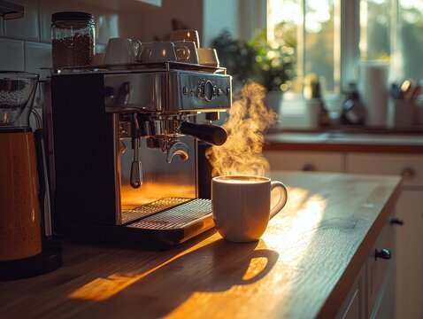 Sunlight streams onto a kitchen counter, illuminating a coffee machine and a steaming mug