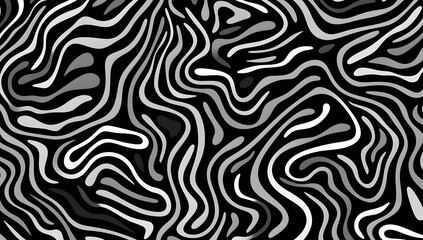 Wavy and swirled brush strokes vector seamless pattern. Bold curved lines and squiggles ornament. Seamless horizontal banner with doodle bold lines. Black and white wallpaper, generative ai