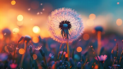 Dandelion seeds blowing sunset meadow bokeh field