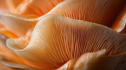 Peach mushroom gills close-up, studio shot, dark background, food texture