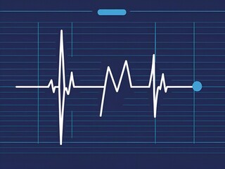 Close up of a white electrocardiogram heartbeat line on a dark blue grid background