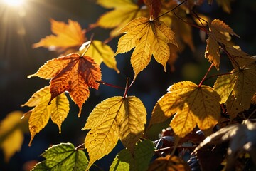 Fototapeta premium Golden autumn maple leaves illuminated by warm sunlight