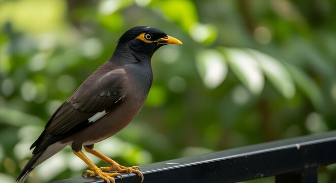 Common Myna Bird Perched on Railing in Lush Green Environment, Symbolizing Urban Wildlife and Adaptability - Powered by Adobe