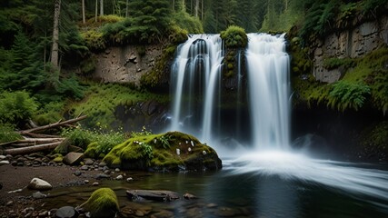 Majestic waterfall cascading down moss covered rocks in lush forest