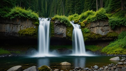 Obraz premium Majestic twin waterfalls cascading down mossy cliffs into a serene pool