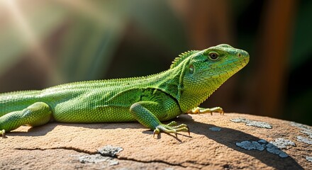 Fototapeta premium Vibrant Green Basilisk Lizard Basking on a Sun-Drenched Rock, Showcasing Tropical Wildlife and Reptile Beauty in Natural Habitat.