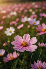 Close up of a delicate pink cosmos flower in a sunlit field