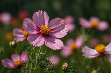 Obraz premium Delicate pink cosmos flowers blooming in a garden