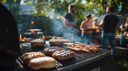 Backyard BBQ Burgers, hot dogs grilling, friends gathering, summer party