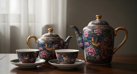 Elegant Eastern Tea Set Adorned with Golden Peacocks and Vibrant Flowers, Perfect for Sophisticated Beverage Moments