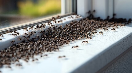 Ants swarming windowsill, home invasion, garden background, pest control