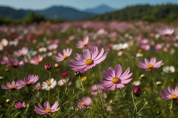 Obraz premium Vibrant field of pink and white cosmos flowers in bloom with mountains in the background