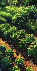 Fototapeta premium Sunlit garden rows, plants growing, rural setting, background trees, food production