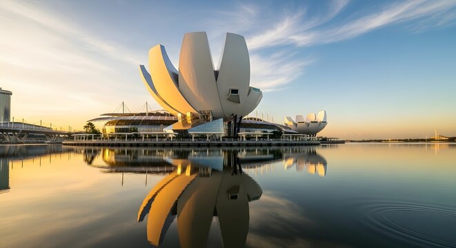 Futuristic Architecture Reflected in Tranquil Waters at Dawn, Symbolizing Modernity, Innovation, and Urban Harmony