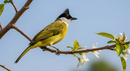 Obraz premium Black-Crested Bulbul Perched on a Blossoming Branch, Showcasing Vibrant Plumage and Nature's Serenity Under a Clear Blue Sky