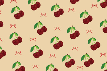 Seamless Vector Pattern with Fresh Red Cherries, Green Leaves, and Cute Decorative Bows for Fruit Design