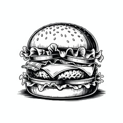 Detailed hand drawn sketch of a delicious gourmet burger