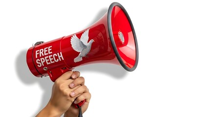 A person holding a megaphone with a dove symbol. 