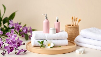 Spa Day Essentials: Luxurious Bathroom Setting with Pink Bottles, White Towels, and Orchids