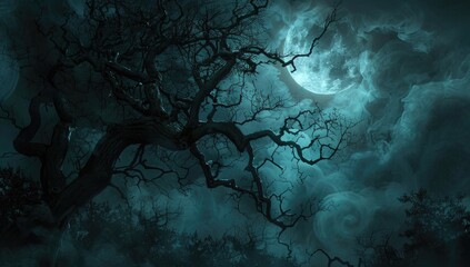 Night scene spooky tree, full moon, dark forest, Halloween backdrop
